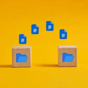 Document icons flying into digital folder on wooden cube representing data transfer